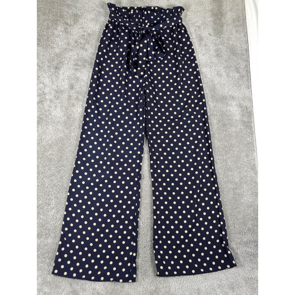 A'GACI Navy Blue Polka Dot Wide Leg Paperbag Waist Pants Small